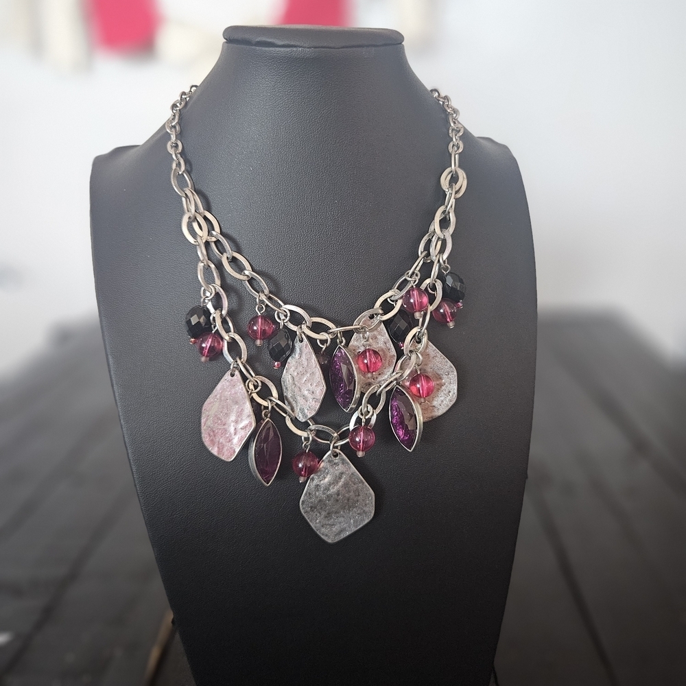 Laura Ashley Y2K Purple Pink Silber Chunky Statememt Necklace Dangle Charm Beads